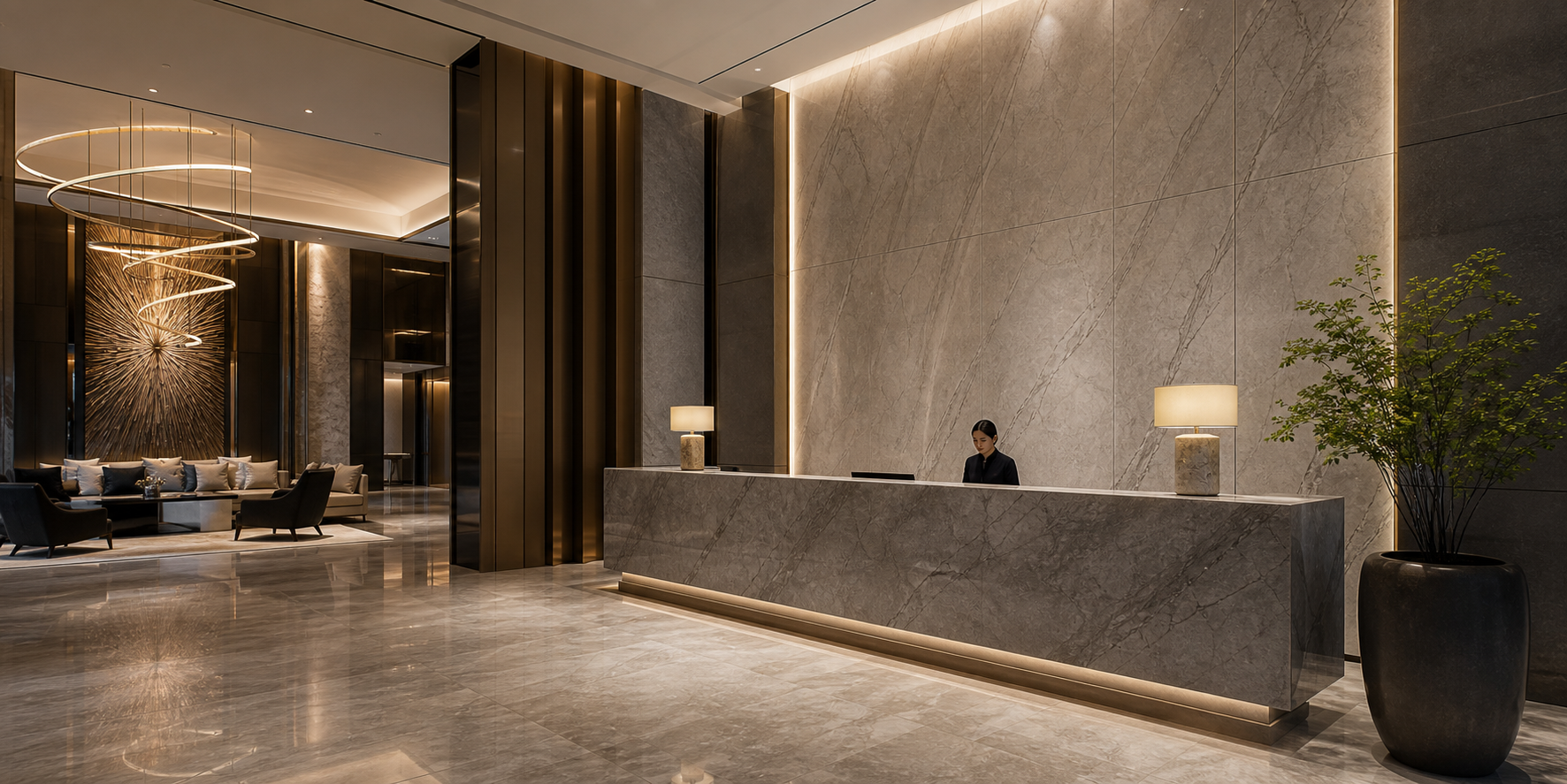 Hotel project reference scene with stone interiors and completed work